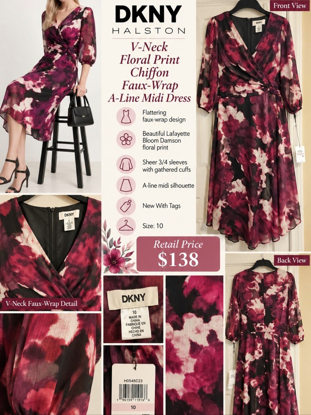 NWT DKNY V-Neck Faux-Wrap Floral Midi Dress in Berry